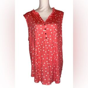 Kim Rogers Women’s Sleeveless Blouse in Coral Pink w/White Polka Dots in Size XL